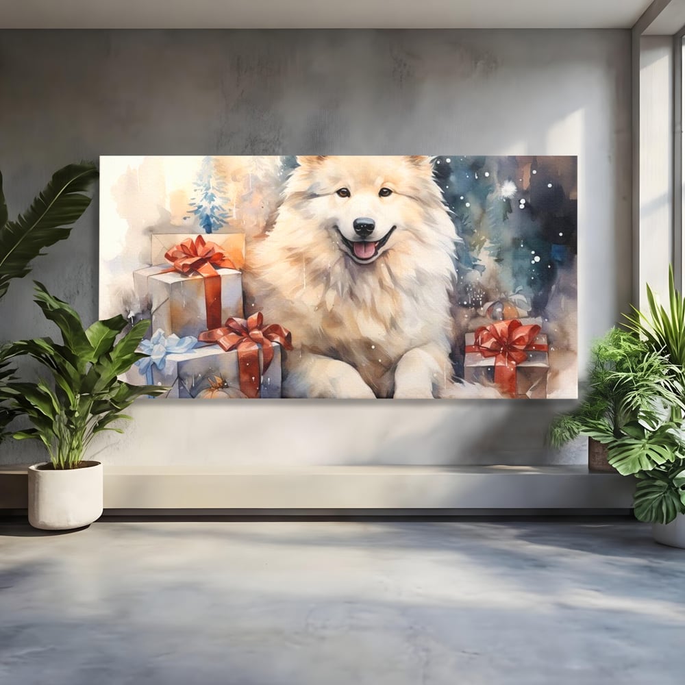 Tablou canvas cu tablou cu caine samoyed si cadouri de craciun, fara rama, pe sasiu de lemn